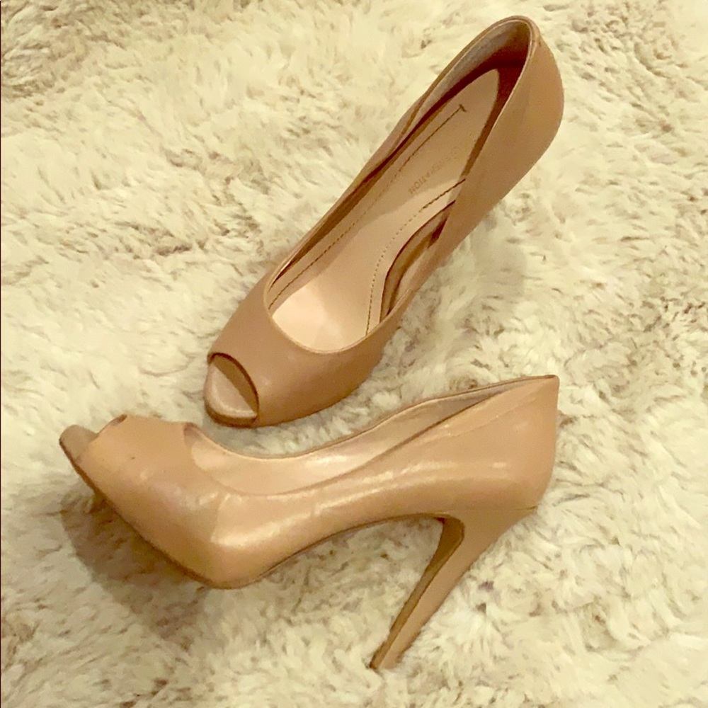 BCBG nude peep toe leather pumps